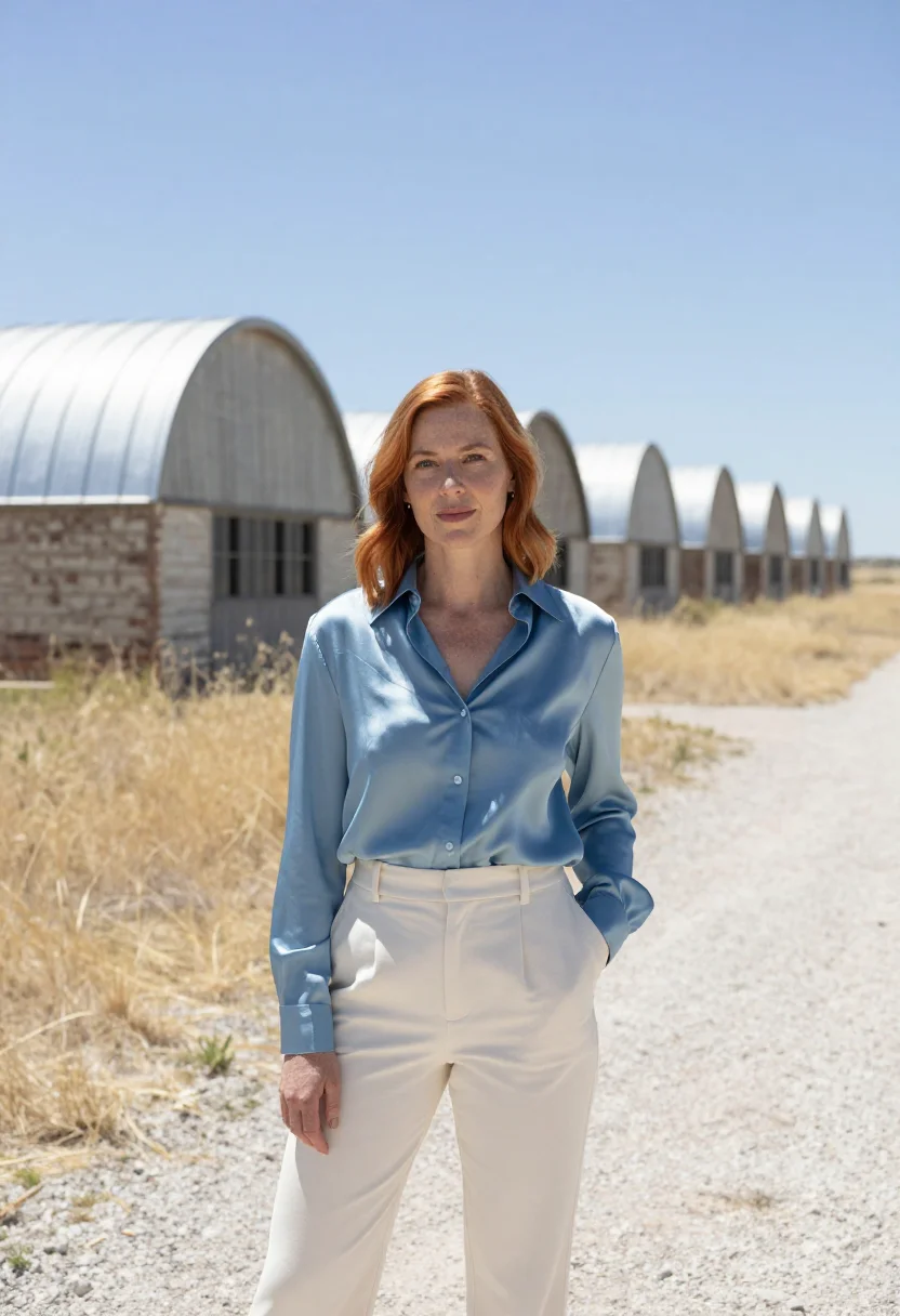 AI marfa gallerist sky blue sample — portrait of a woman, a gallerist in her forties with fair, f