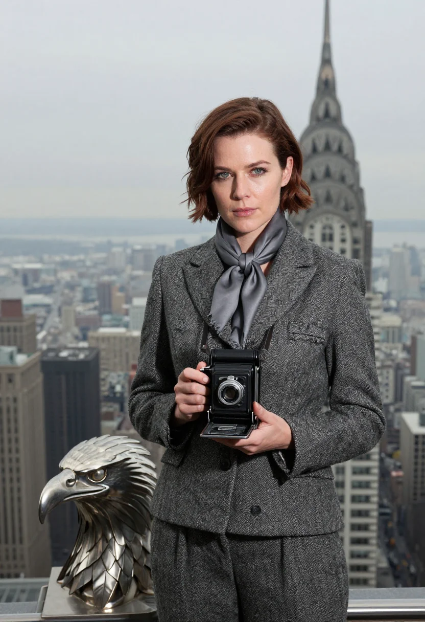 AI margaret bourke white chrysler steel sample — portrait of a woman, framed chest-up, cropped at the ribs, t