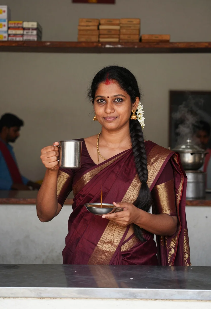AI margazhi season sample — portrait of a woman, chest-up portrait of a South-Indian wom