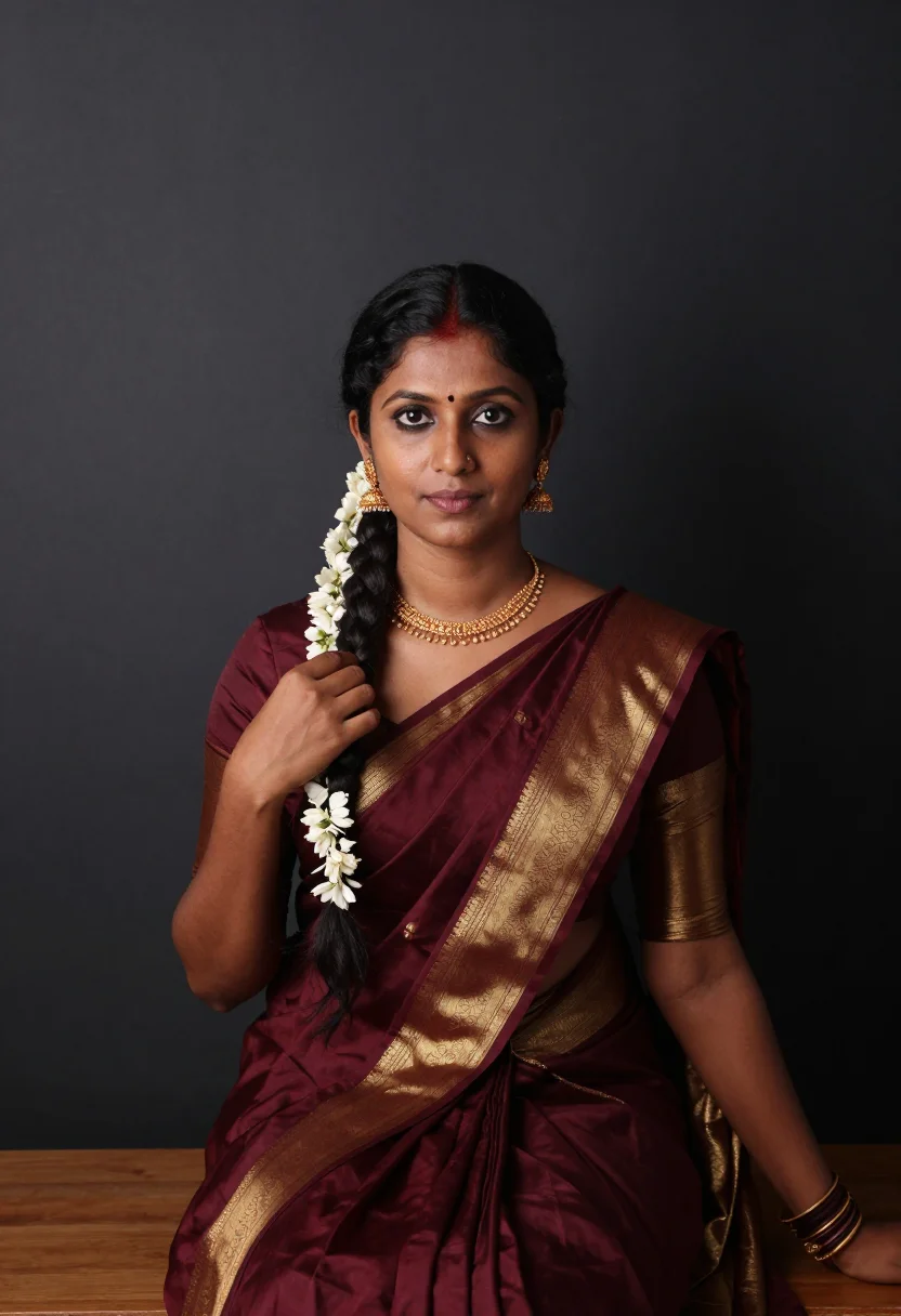 AI margazhi season sample — portrait of a woman, chest-up portrait of a South-Indian wom