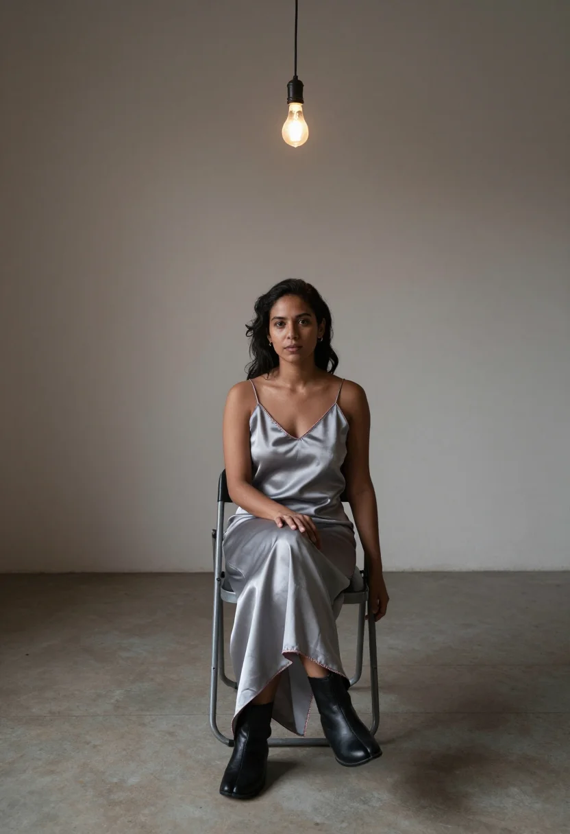 AI margiela sample — portrait of a woman, wide full-length seated portrait of a L