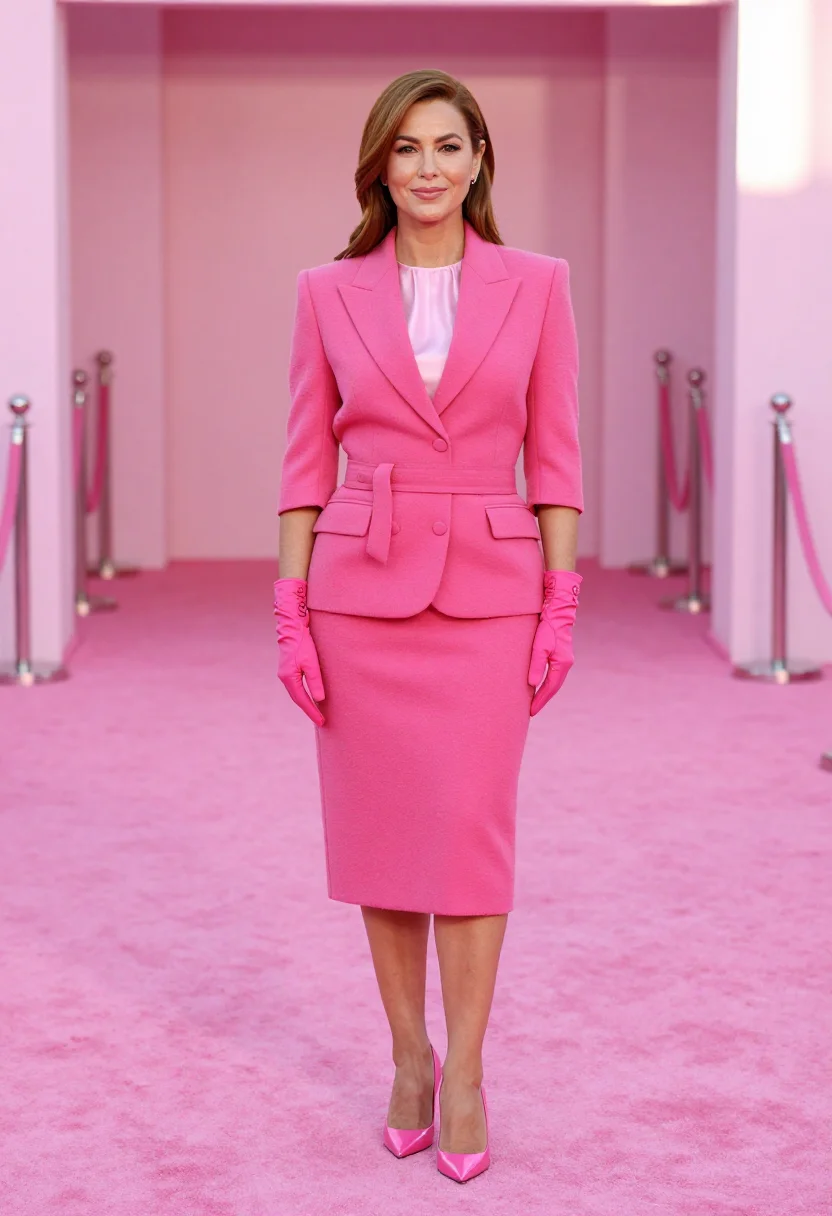 AI margot robbie barbie press tour pink schiaparelli sample — portrait of a woman, an Italian woman in her mid-thirties wi