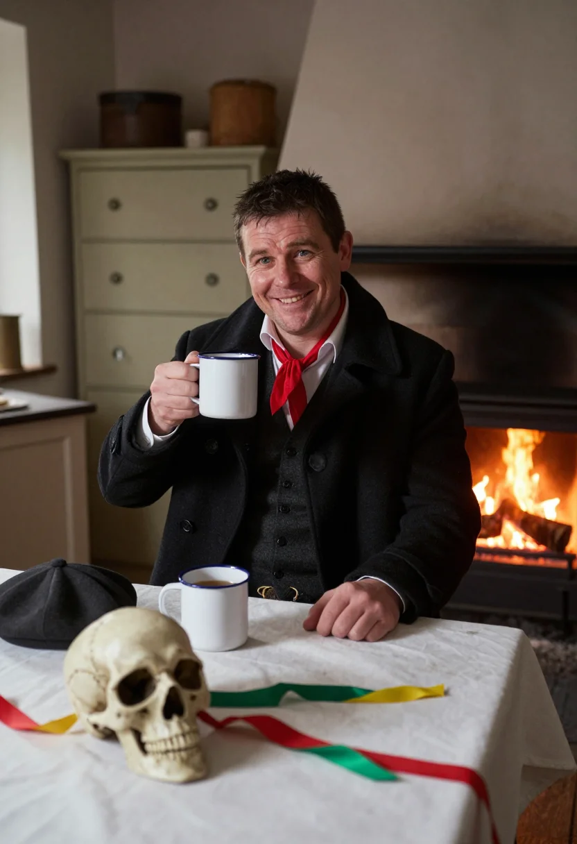 AI mari lwyd sample — portrait of a man, waist-up portrait of a Welsh man in his t