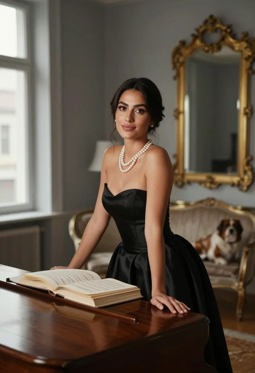 AI maria callas sample — portrait of a woman, a waist-up photograph at a grand piano
