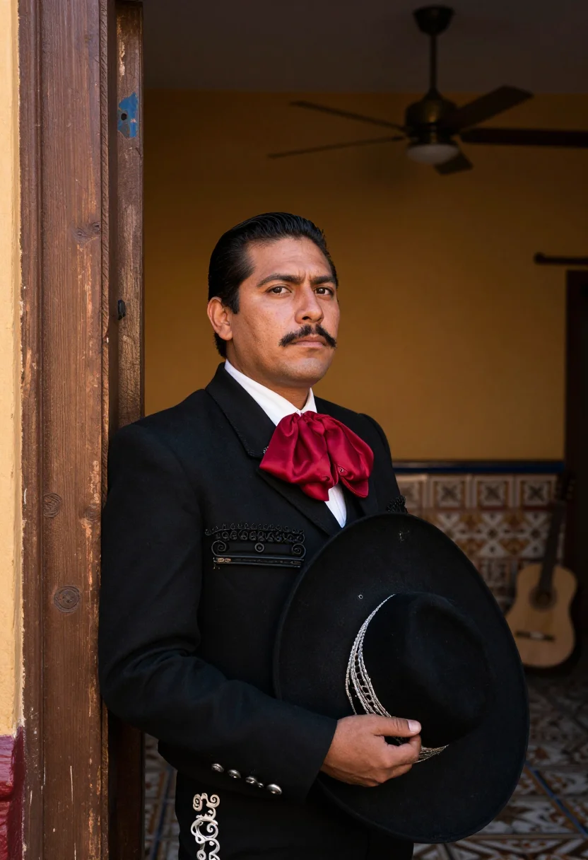AI mariachi sample — portrait of a man, chest-up portrait of a Mexican man with w