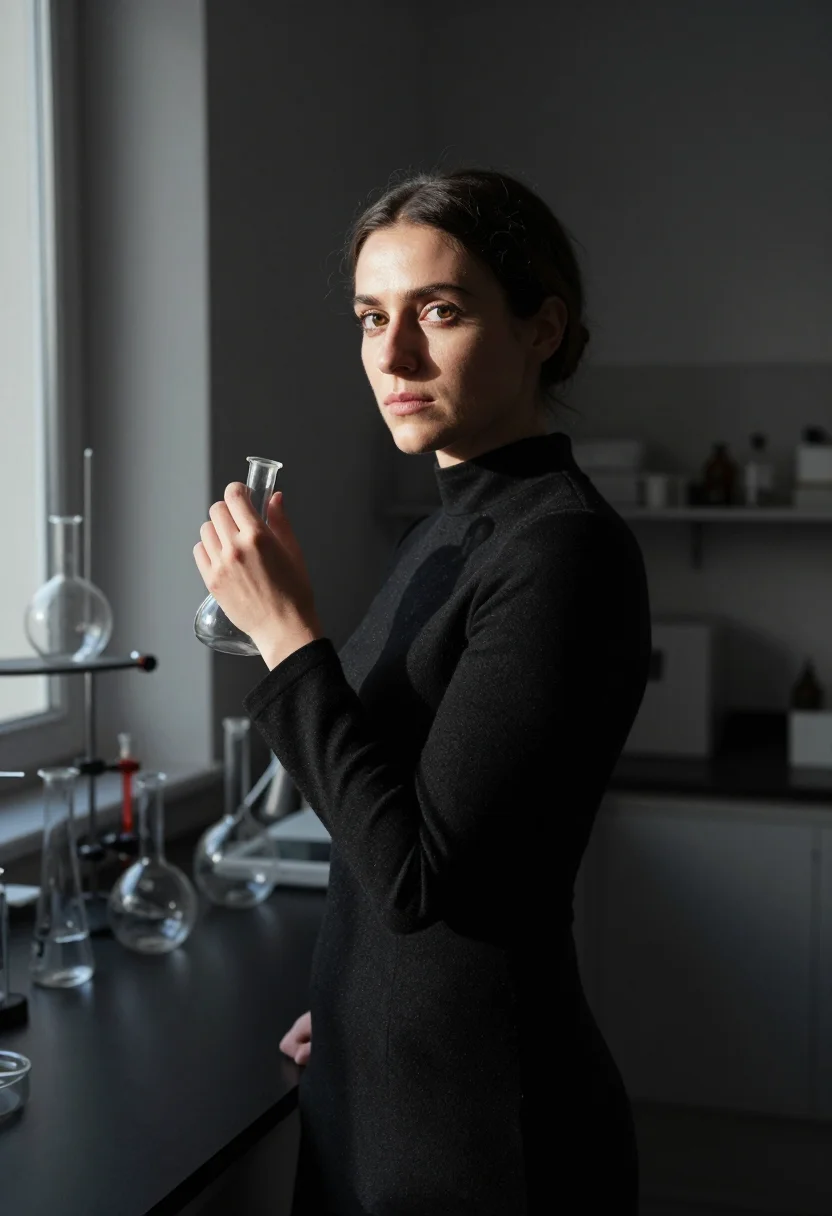 AI marie curie institut du radium black sample — portrait of a woman, framed chest-up, cropped at the ribs, t