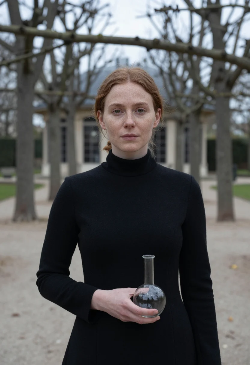 AI marie curie institut du radium black sample — portrait of a woman, framed chest-up, cropped at the ribs, t