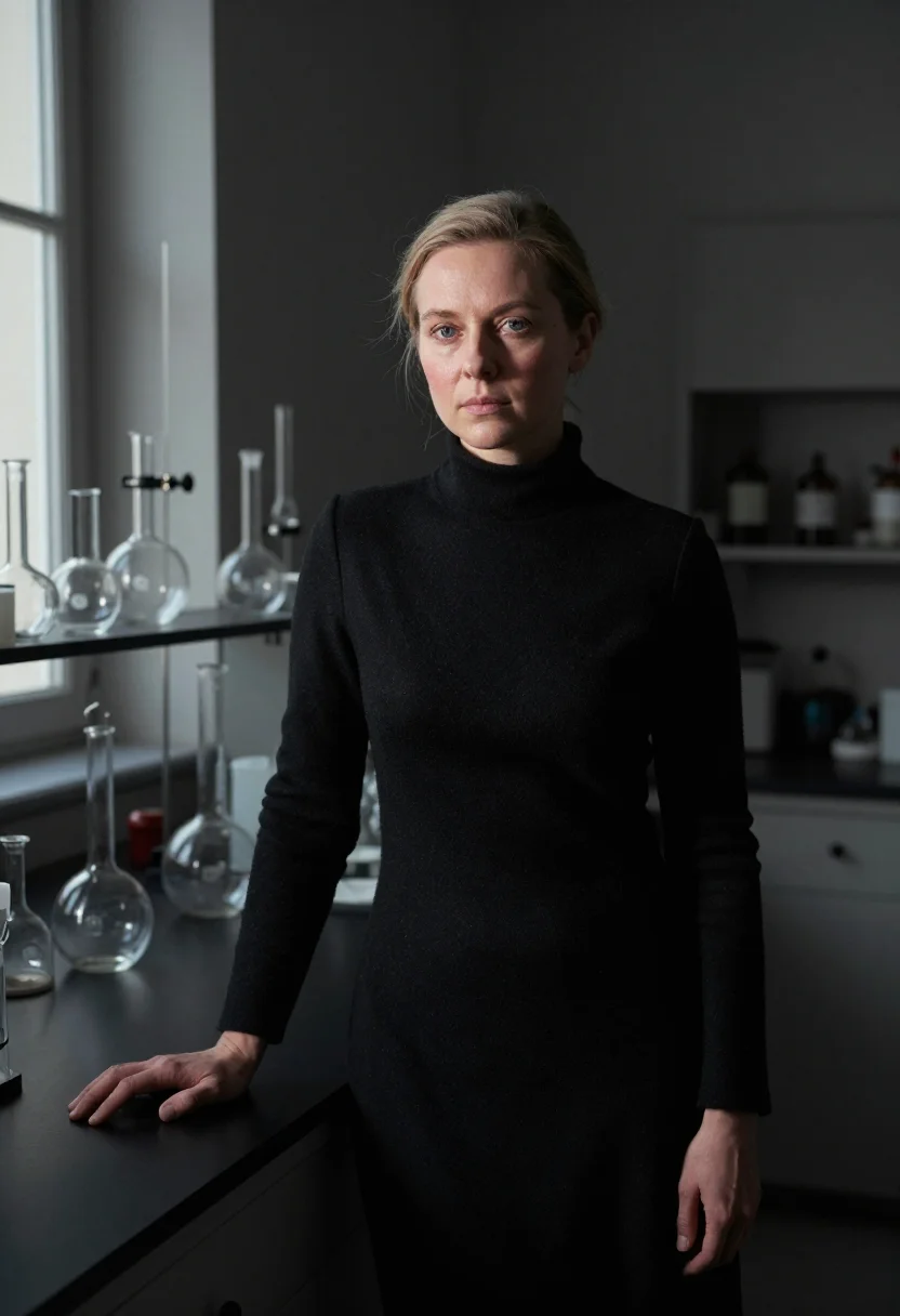 AI marie curie institut du radium black sample — portrait of a woman, framed half-length from the head to the