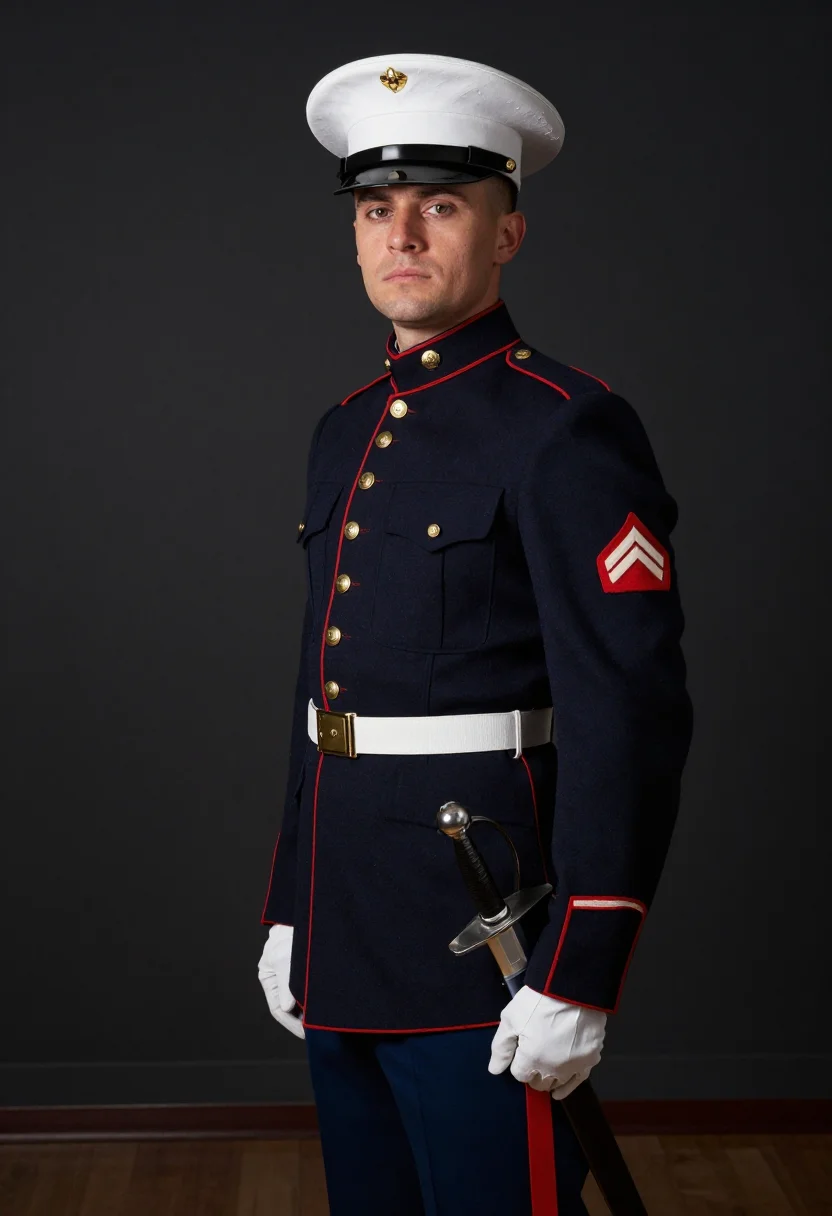 AI marine dress blues sample — portrait of a man, low three-quarter-length portrait of an A