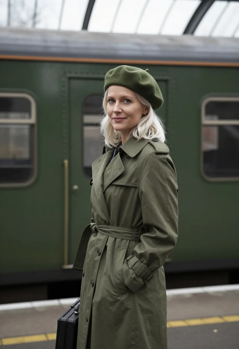 AI martha gellhorn trench november olive sample — portrait of a woman, framed half-length from the waist up, t