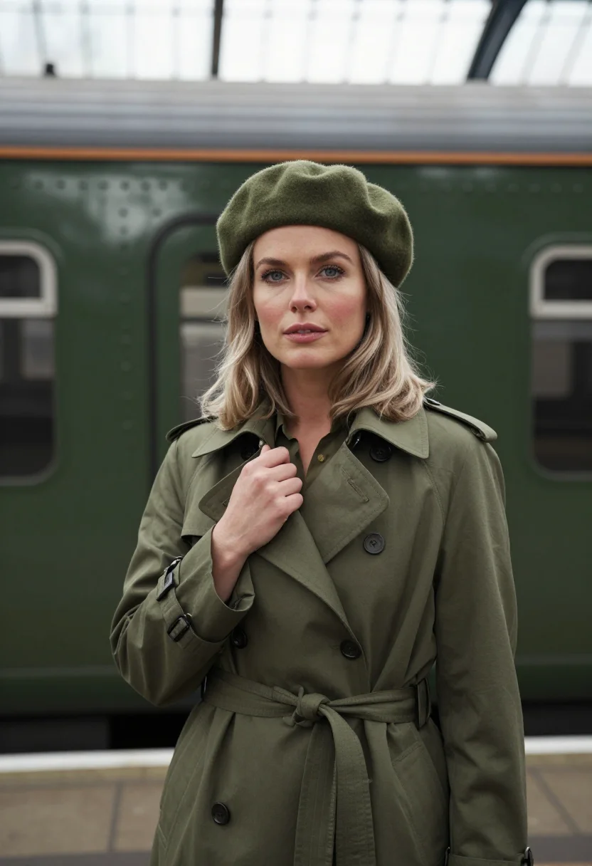 AI martha gellhorn trench november olive sample — portrait of a woman, framed chest-up, the crop falling at mi