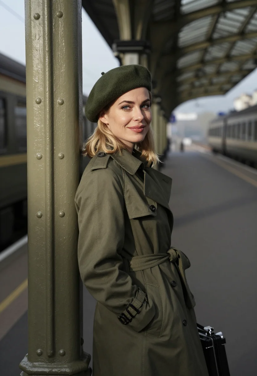 AI martha gellhorn trench november olive sample — portrait of a woman, framed half-length from the waist up, t