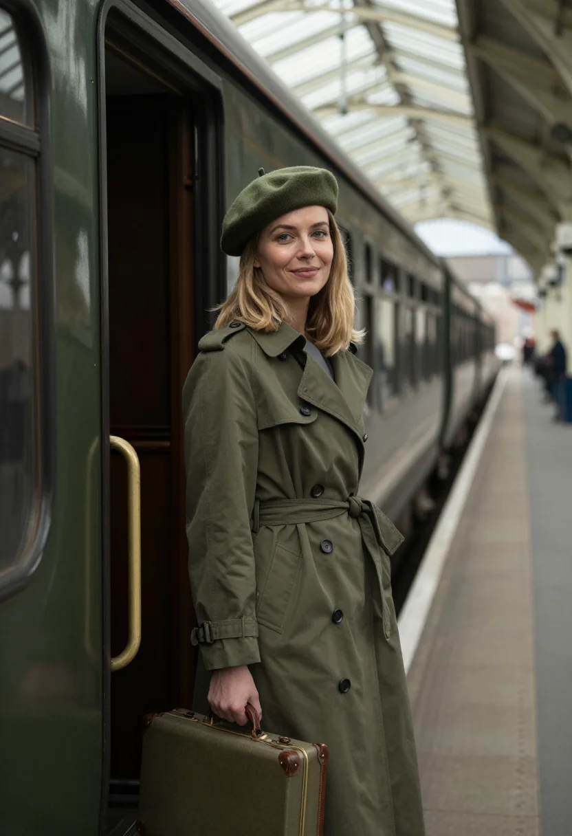 AI martha gellhorn trench november olive sample — portrait of a woman, framed half-length from the waist up, t
