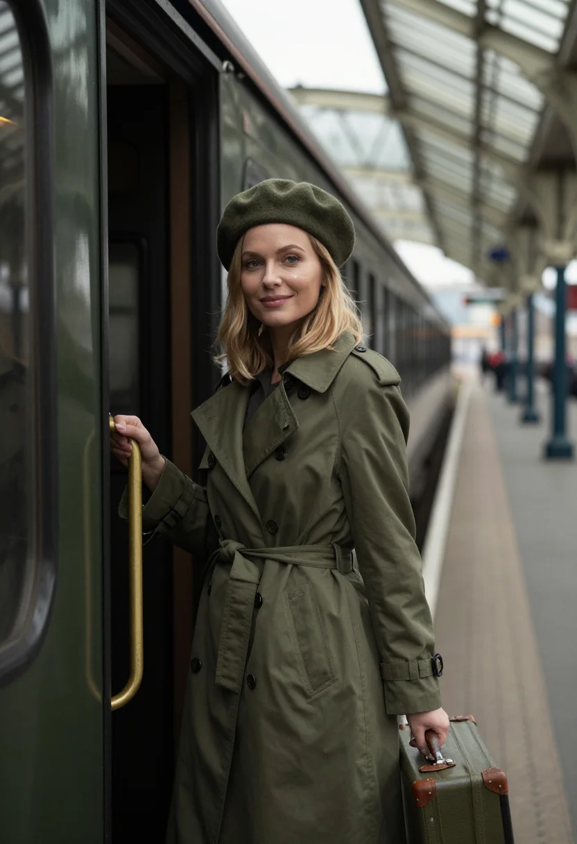 AI martha gellhorn trench november olive sample — portrait of a woman, framed chest-up, the crop falling at mi