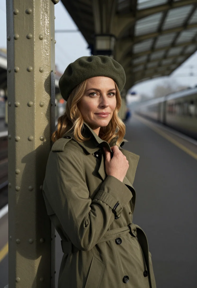 AI martha gellhorn trench november olive sample — portrait of a woman, framed chest-up, the crop falling at mi