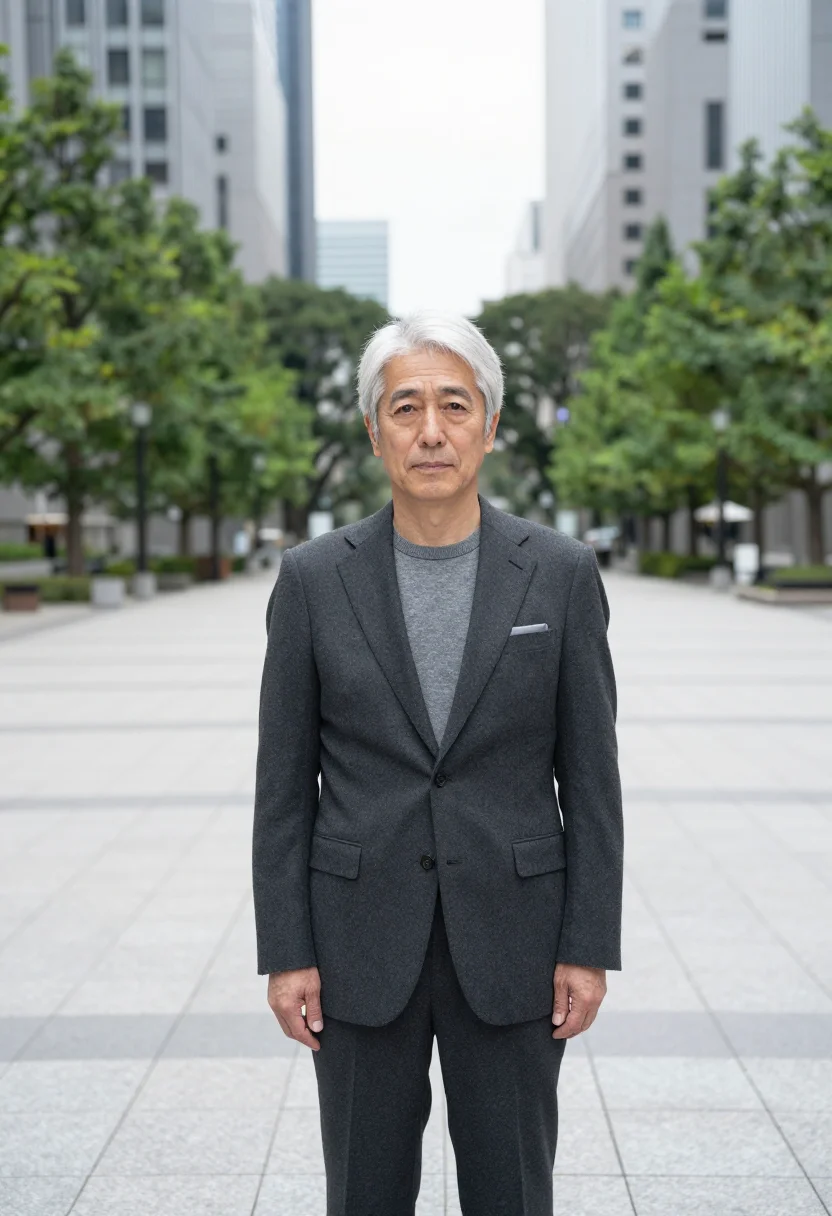 AI marunouchi banker granite grey sample — portrait of a man, a banker in his early sixties of Japanese