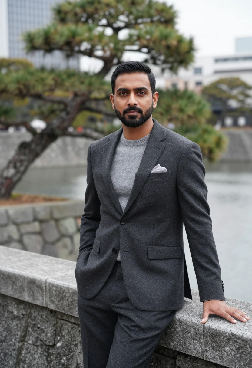 AI marunouchi banker granite grey sample — portrait of a man, a banker in his mid-forties of Indian anc