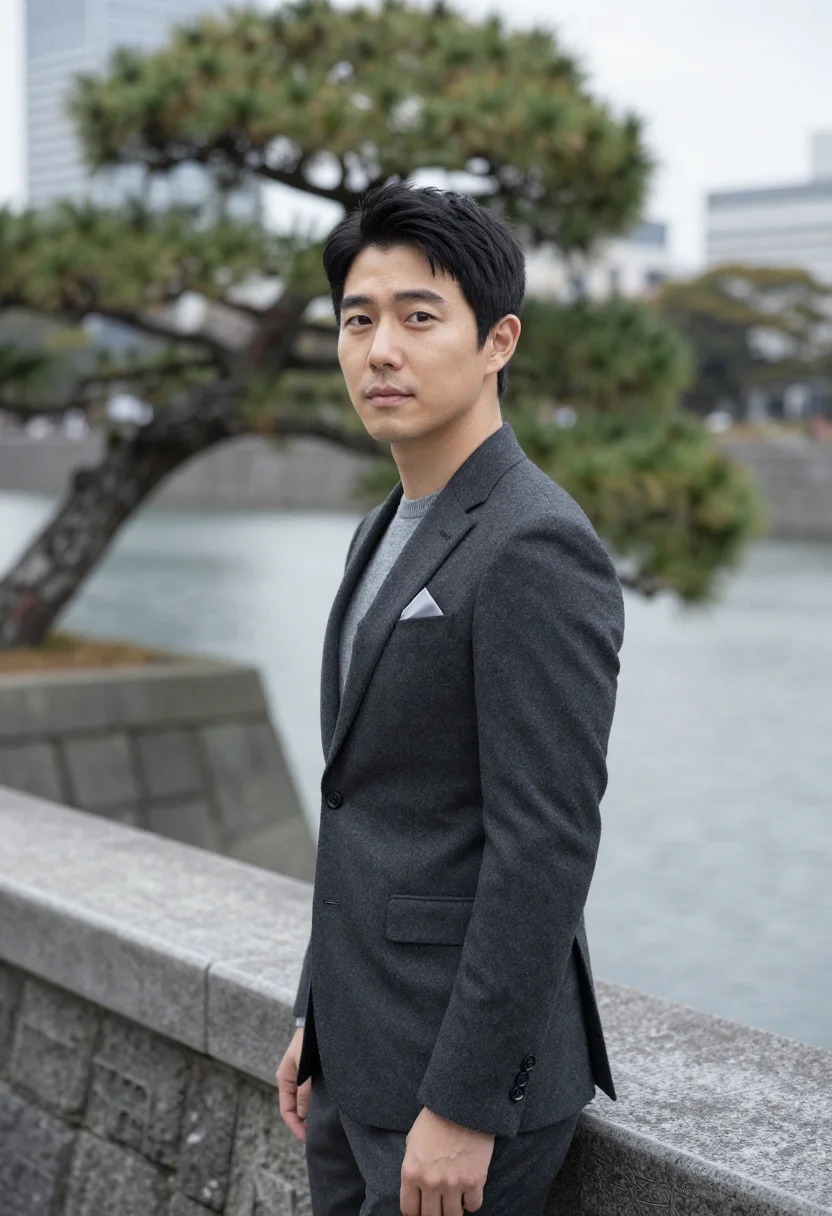 AI marunouchi banker granite grey sample — portrait of a man, a banker in his early forties of Korean a