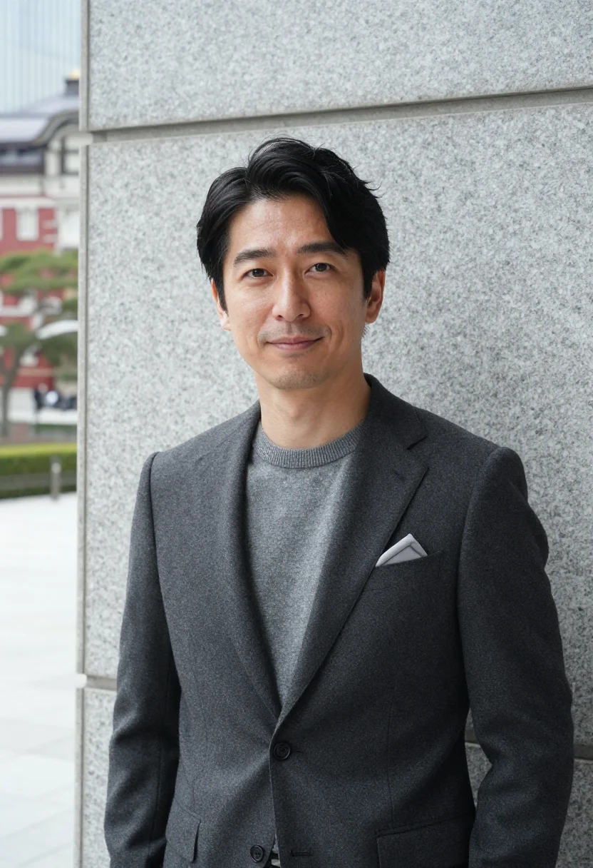 AI marunouchi banker granite grey sample — portrait of a man, a banker in his late forties of Japanese