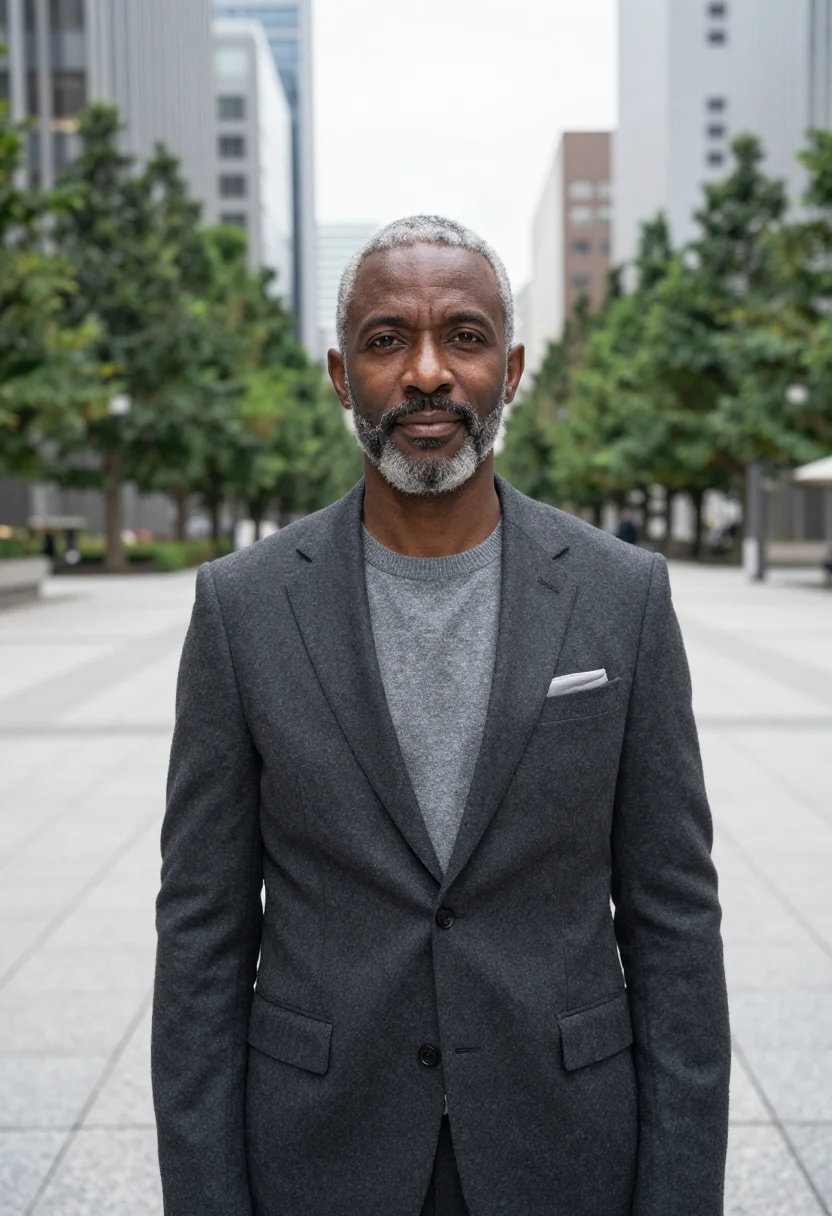 AI marunouchi banker granite grey sample — portrait of a man, a banker in his fifties of Nigerian ances
