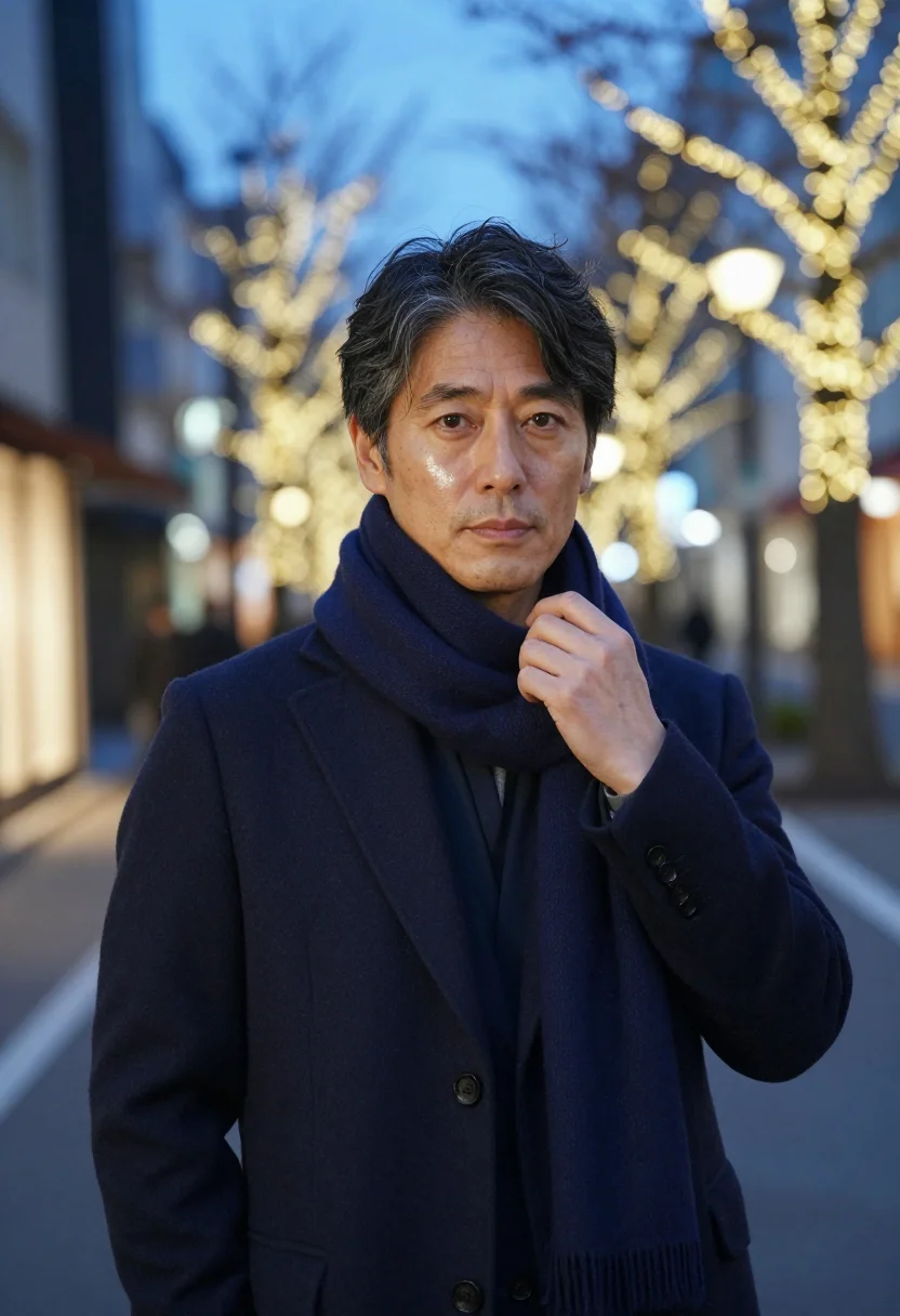 AI marunouchi navy sample — portrait of a man, framed chest-up, a Japanese man in his fi