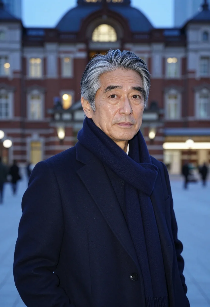 AI marunouchi navy sample — portrait of a man, framed chest-up, a Japanese man in his si