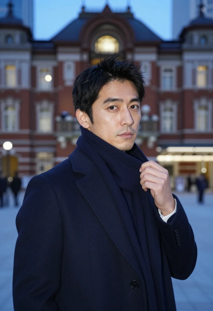 AI marunouchi navy sample — portrait of a man, framed chest-up, a Japanese man in his fo