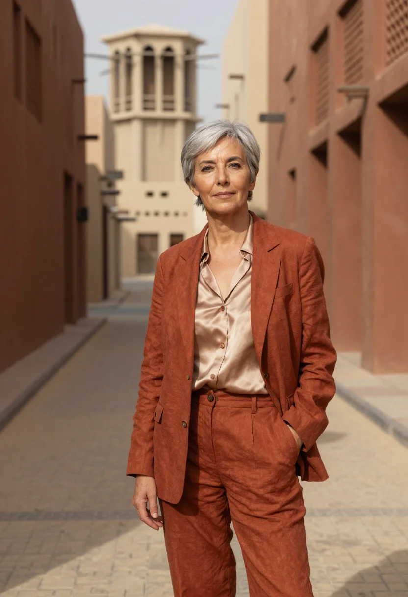AI masdar sustainability engineer terracotta lattice sample — portrait of a woman, a sustainability engineer in her sixtie