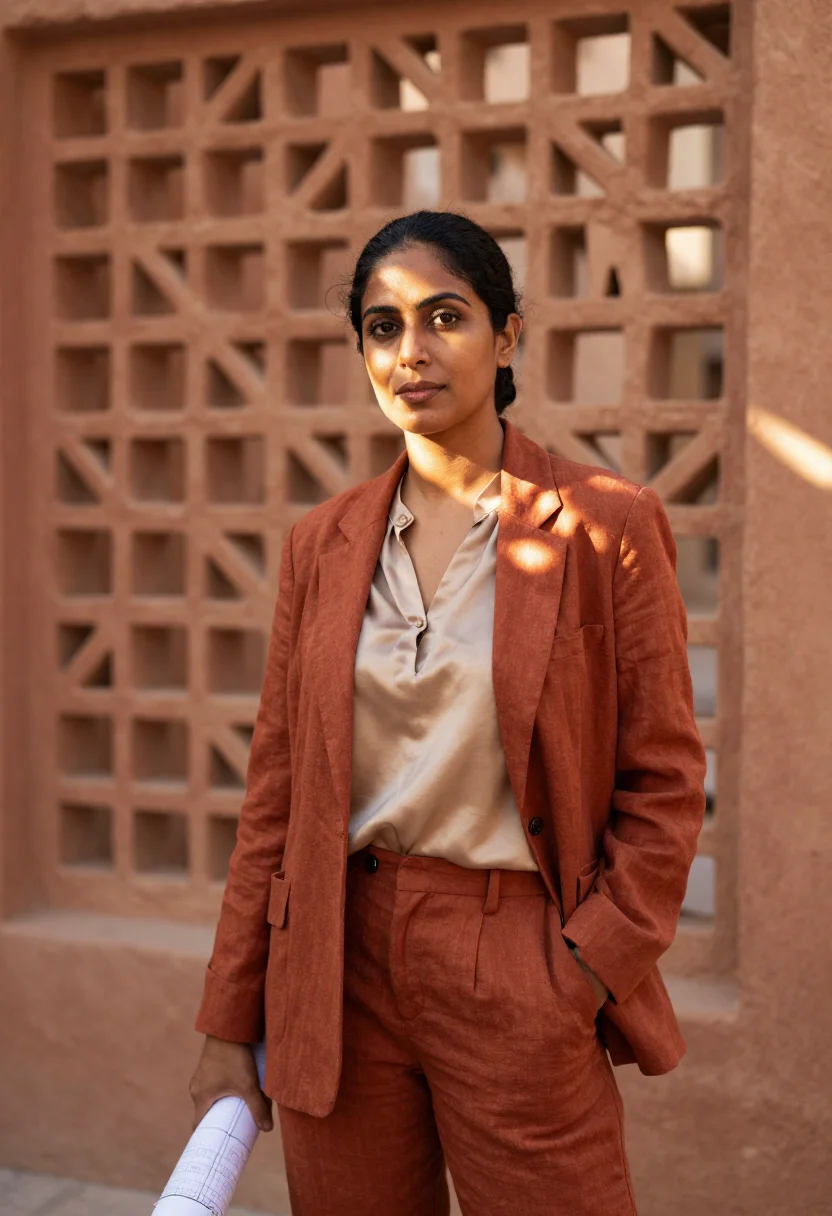 AI masdar sustainability engineer terracotta lattice sample — portrait of a woman, a sustainability engineer in her fortie