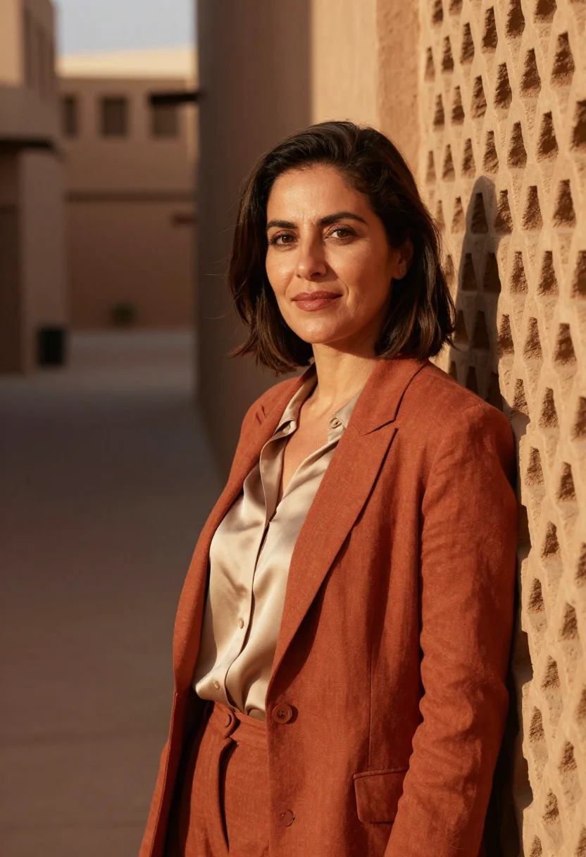 AI masdar sustainability engineer terracotta lattice sample — portrait of a woman, a sustainability engineer in her fiftie