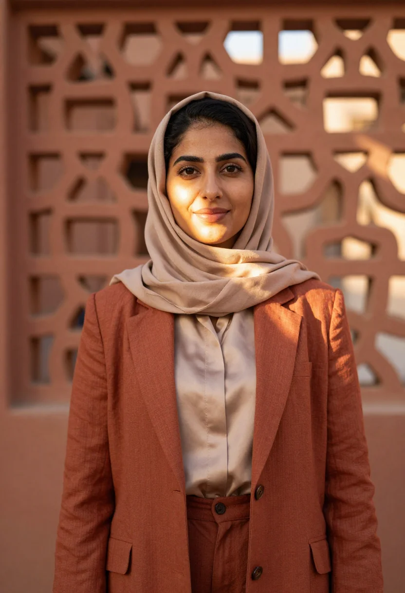 AI masdar sustainability engineer terracotta lattice sample — portrait of a woman, a sustainability engineer in her thirti