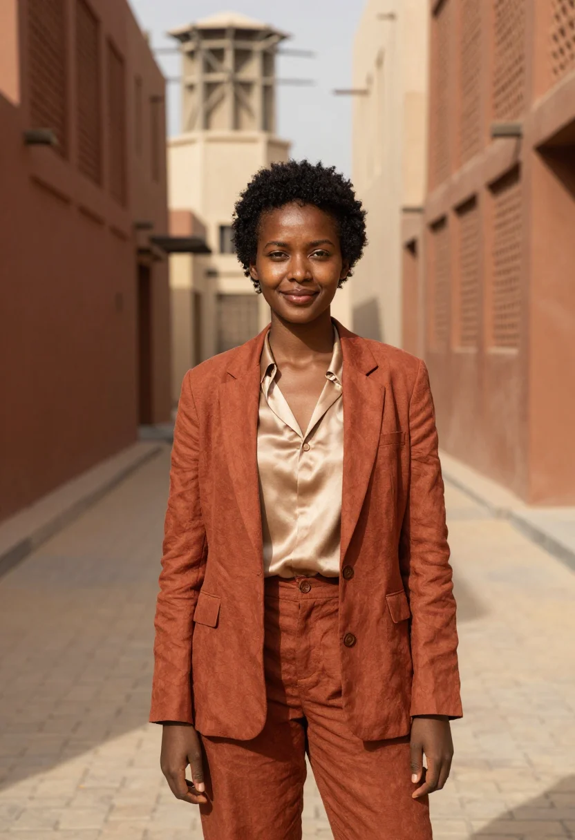 AI masdar sustainability engineer terracotta lattice sample — portrait of a woman, a sustainability engineer in her thirti