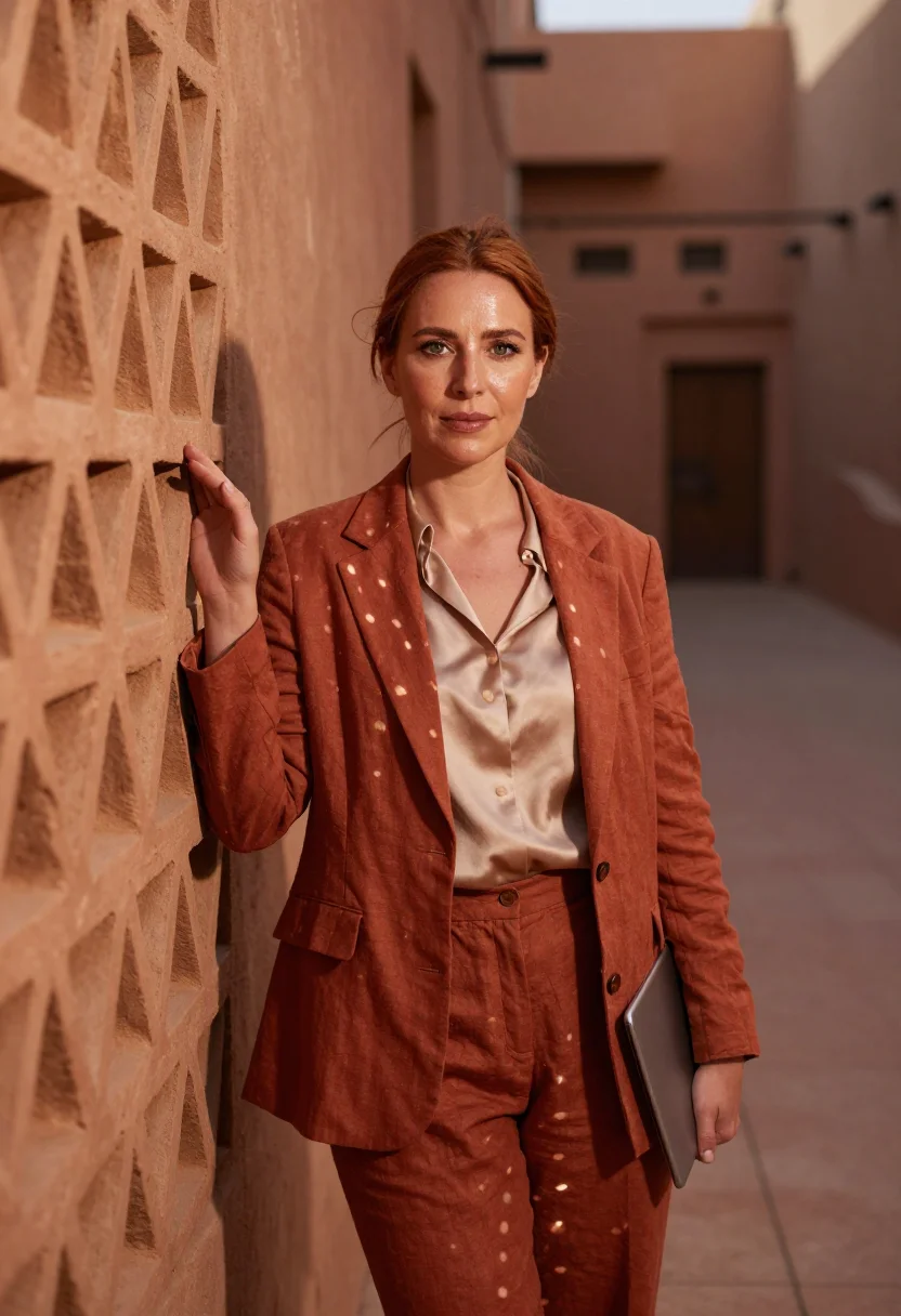 AI masdar sustainability engineer terracotta lattice sample — portrait of a woman, a sustainability engineer in her fortie