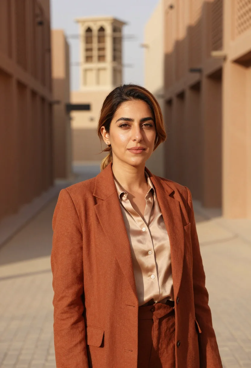 AI masdar sustainability engineer terracotta lattice sample — portrait of a woman, a sustainability engineer in her fortie