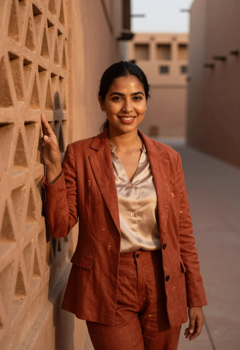 AI masdar sustainability engineer terracotta lattice sample — portrait of a woman, a sustainability engineer in her thirti