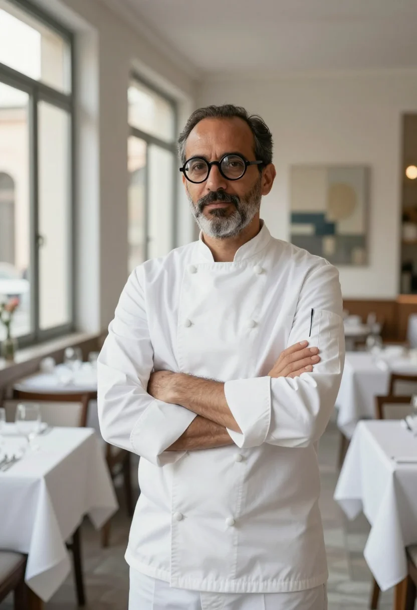 AI massimo bottura modena chef whites sample — portrait of a man, a Portuguese man in his early fifties wit