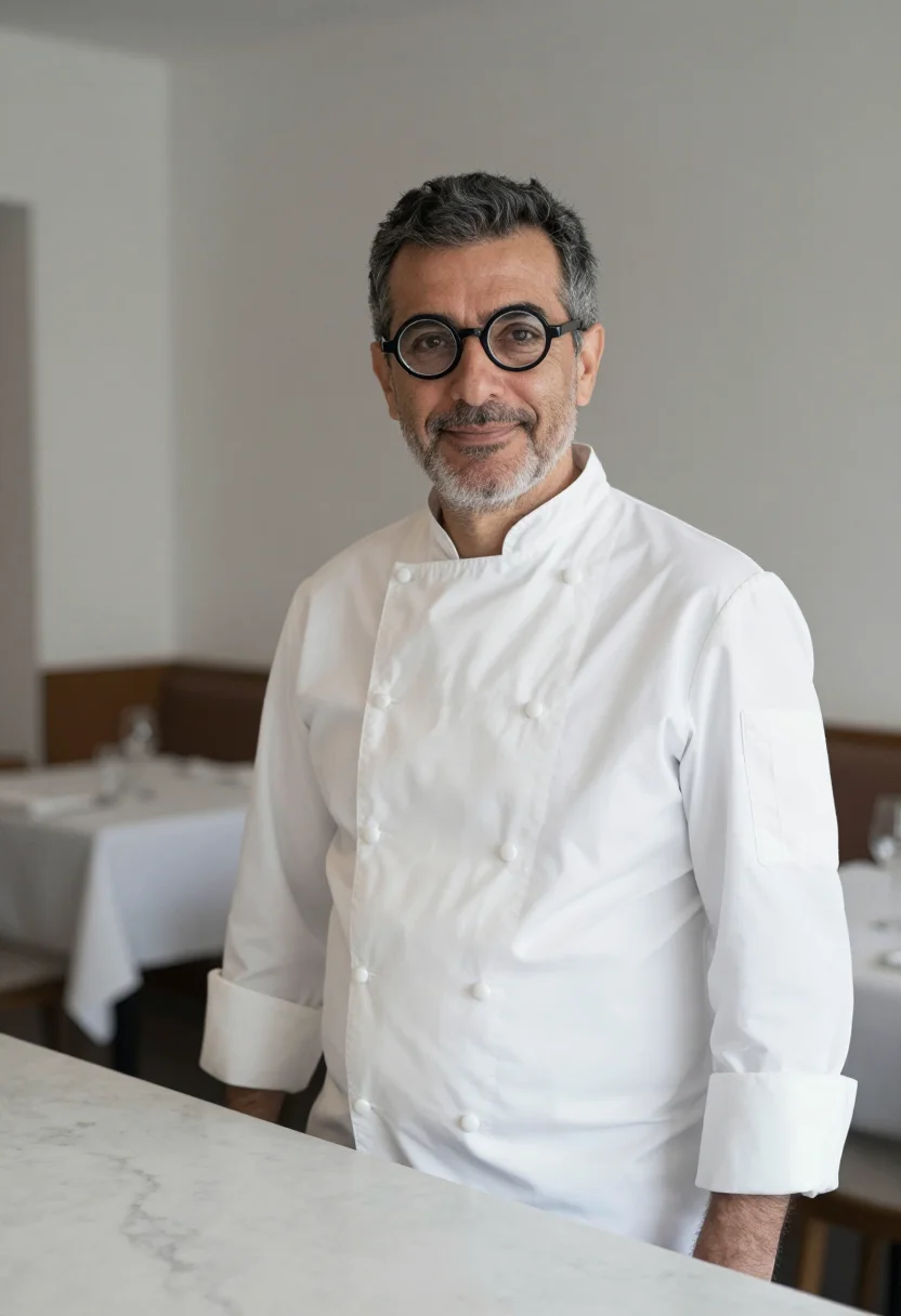 AI massimo bottura modena chef whites sample — portrait of a man, a Spanish man in his early fifties with o