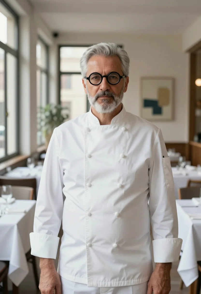 AI massimo bottura modena chef whites sample — portrait of a man, an Italian man in his mid-sixties with fa