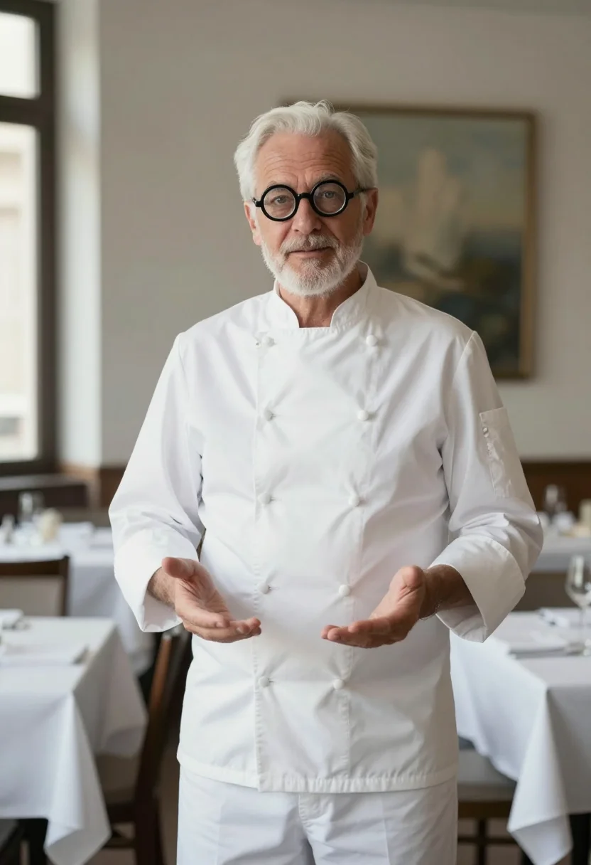 AI massimo bottura modena chef whites sample — portrait of a man, a French man in his late fifties with fai