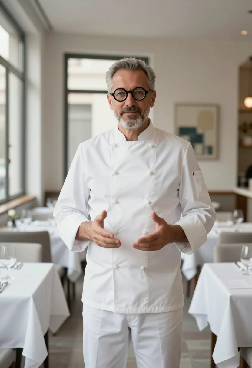 AI massimo bottura modena chef whites sample — portrait of a man, a Swiss man in his late fifties with fair