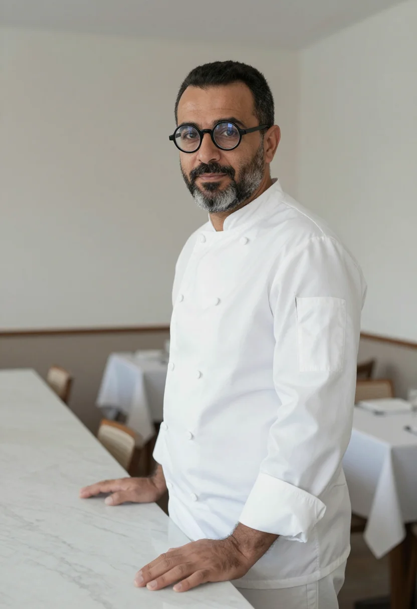 AI massimo bottura modena chef whites sample — portrait of a man, a Lebanese man in his late forties with w