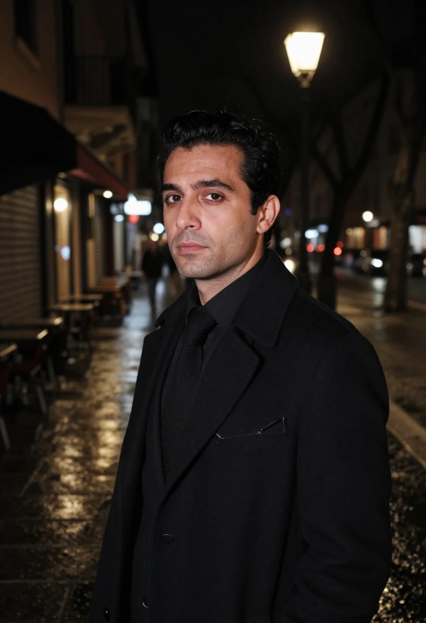AI mastroianni via veneto january black sample — portrait of a man, framed tight, head and shoulders, the bod