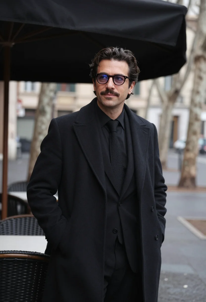 AI mastroianni via veneto january black sample — portrait of a man, framed three-quarter length from the knee
