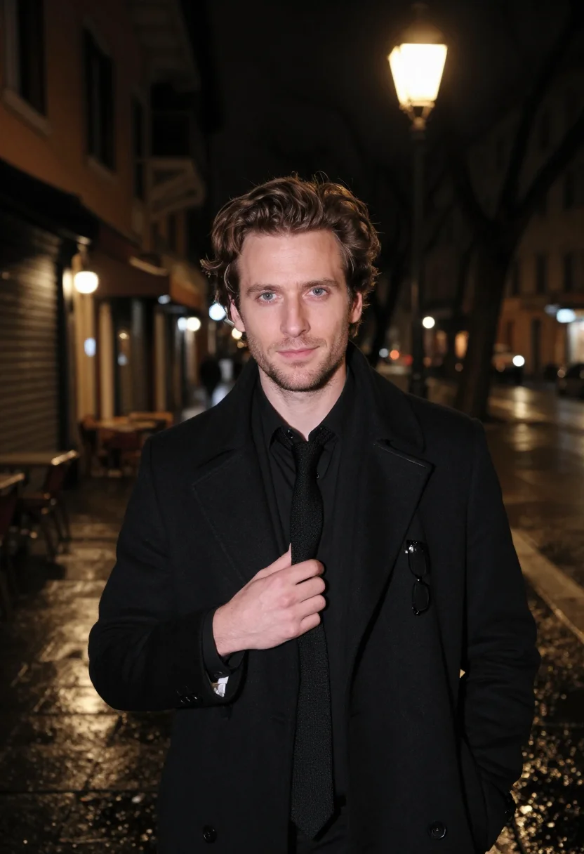 AI mastroianni via veneto january black sample — portrait of a man, framed chest-up, the crop at the ribs, th