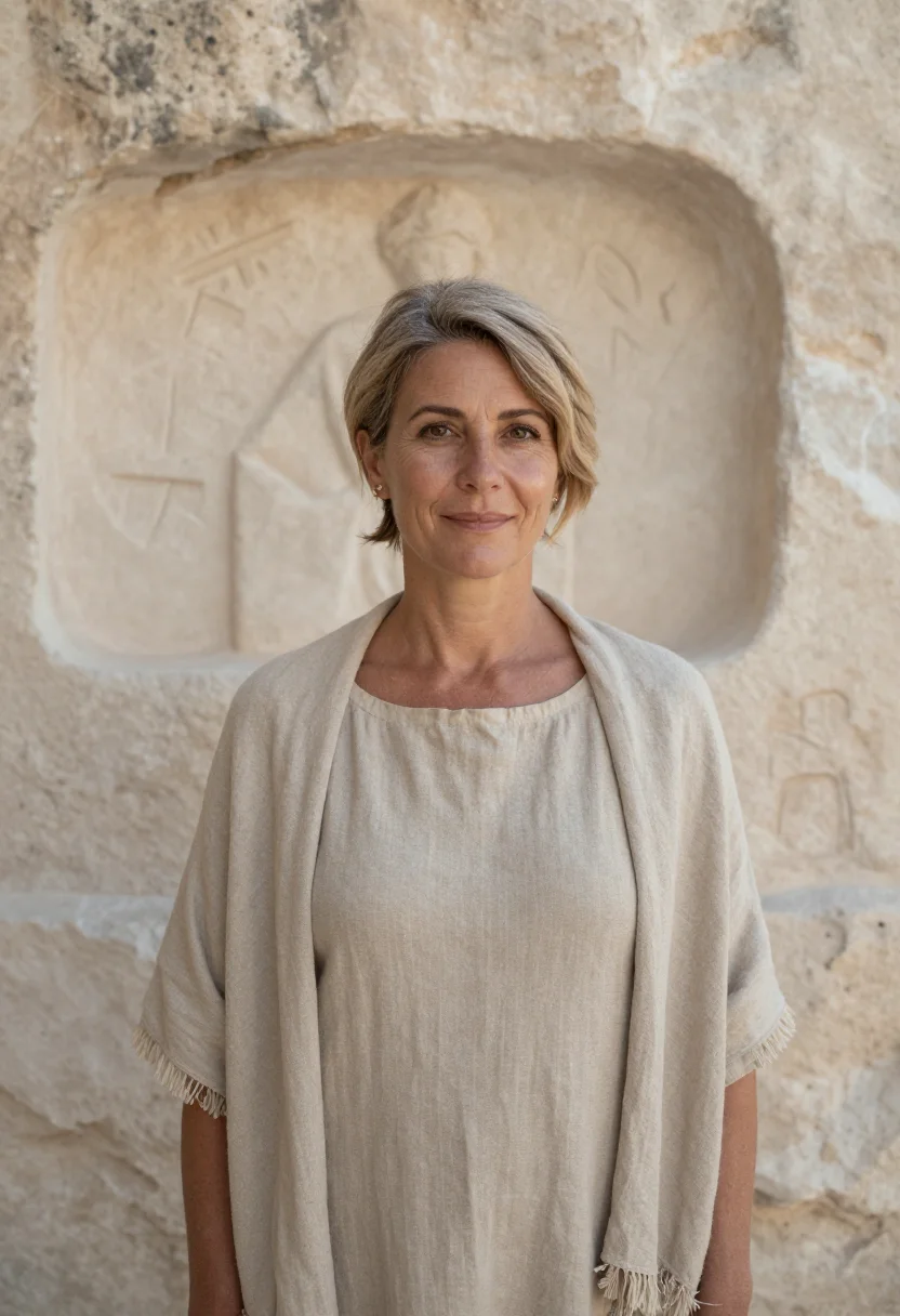 AI matera architect tufa cave sample — portrait of a woman, in her early fifties with fair skin, ha