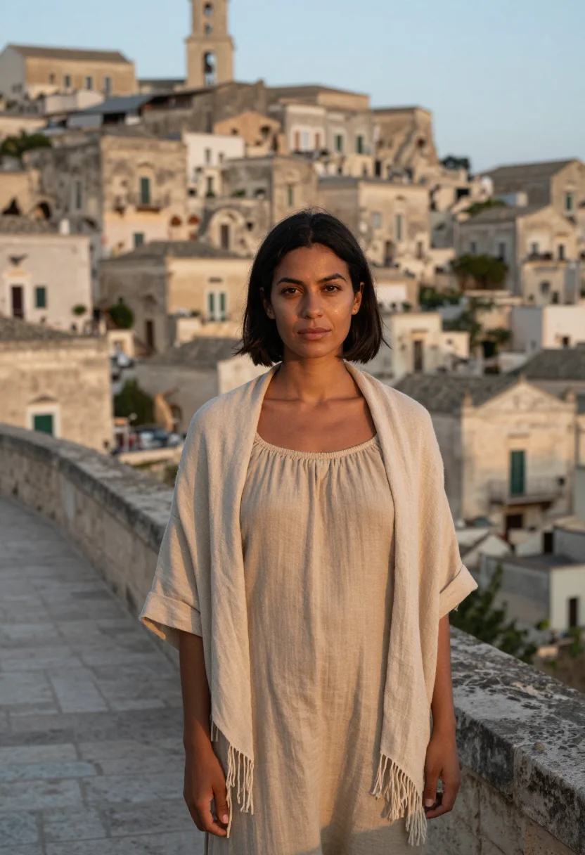 AI matera architect tufa cave sample — portrait of a woman, in her thirties with deep brown skin, d