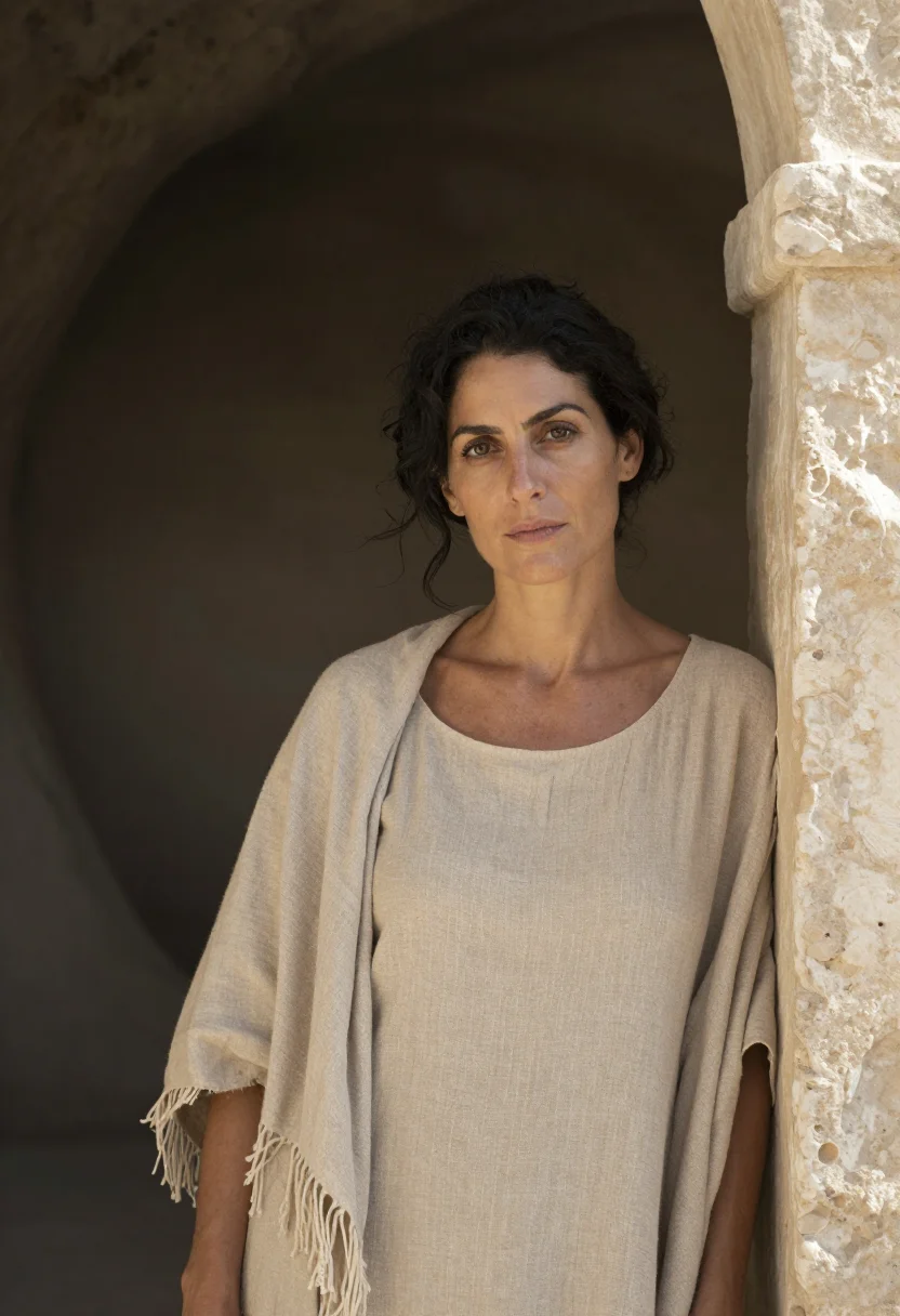 AI matera architect tufa cave sample — portrait of a woman, in her forties with golden olive skin,
