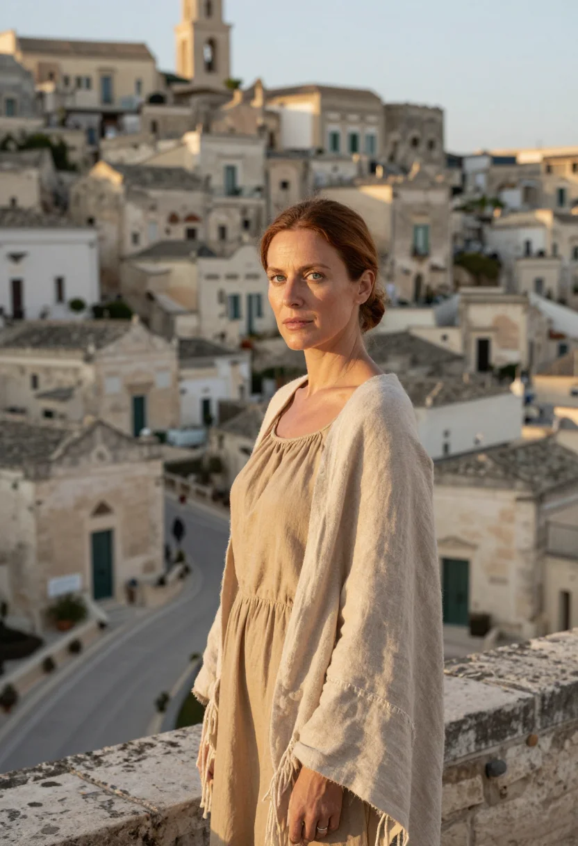 AI matera architect tufa cave sample — portrait of a woman, in her mid-forties with fair skin, blue