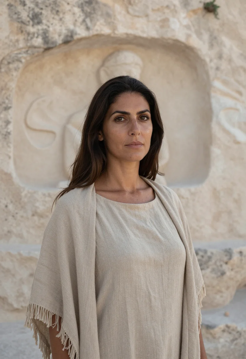 AI matera architect tufa cave sample — portrait of a woman, in her late thirties with olive skin, d