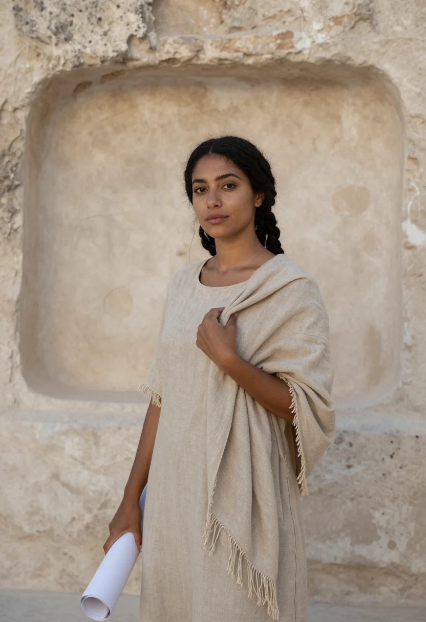 AI matera architect tufa cave sample — portrait of a woman, in her early thirties with warm brown s